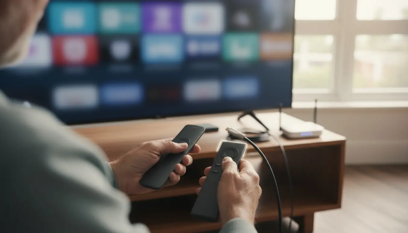 Hænder sætter et HDMI-kabel i et fladskærms-tv og bruger fjernbetjeningen til at skifte indgang i en hyggelig stue.