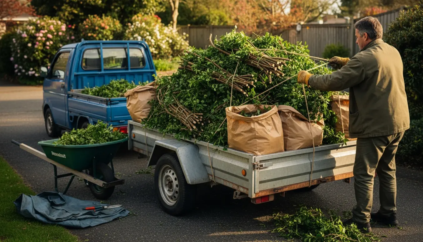 Overfyldt trailer med hækafklip, bundter og haveaffald ved indkørsel, klar til aflevering på genbrugsstationen.