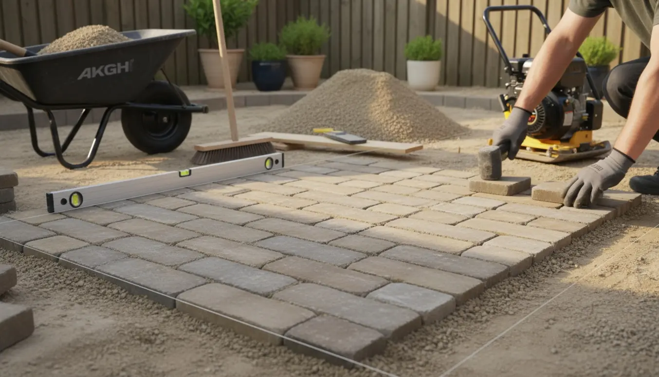 Halvfærdigt terrasseareal med herregaardssten, stabilgrus og værktøj i arbejde.