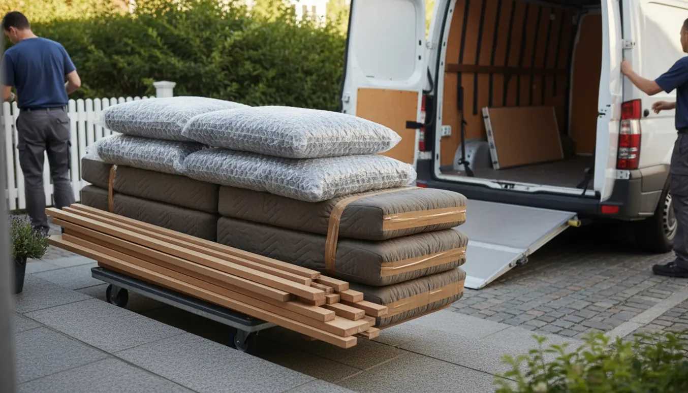 Demonteret sofa pakket i flyttetæpper og placeret ved døren med flyttebil og sækkevogn klar.