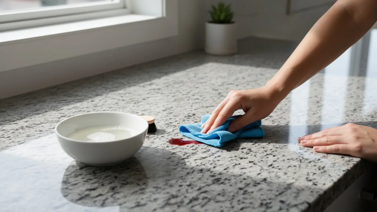 Person tørrer granitbordplade med mikrofiberklud og mild rengøringsopløsning