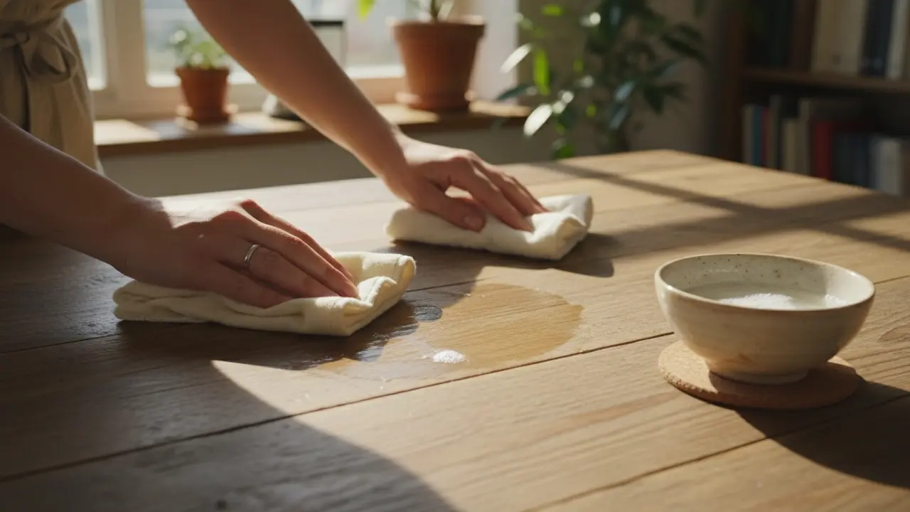 Hænder tørrer træbord med fugtig klud og aftørrer straks for at undgå vandskade