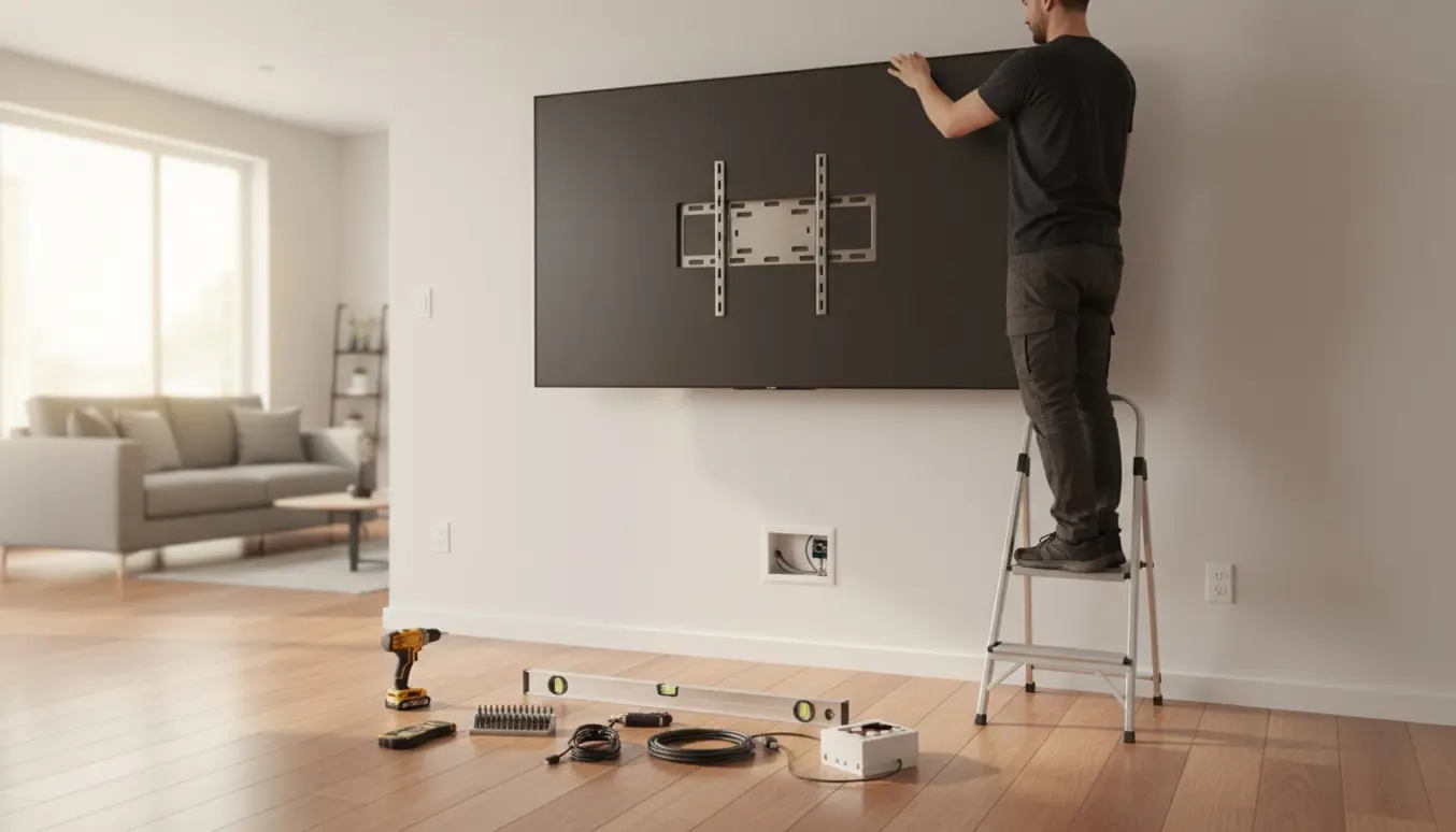 Tekniker monterer et ekstra stort 85-tommer fjernsyn på en væg i en moderne stue.