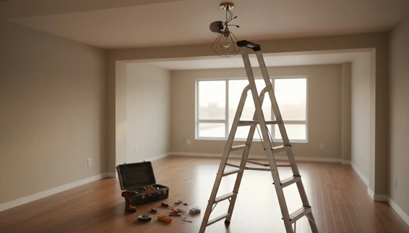 En person på en stige justerer en loftslampe i et lyst rum med værktøj på gulvet.