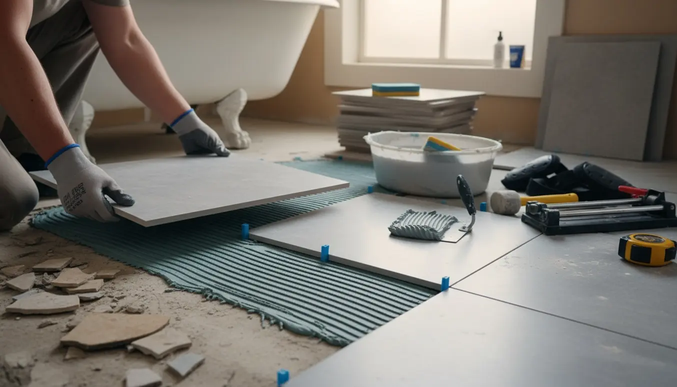 Hænder lægger nye fliser i et lille badeværelse med delvist fjernede gamle klinker og værktøj omkring.