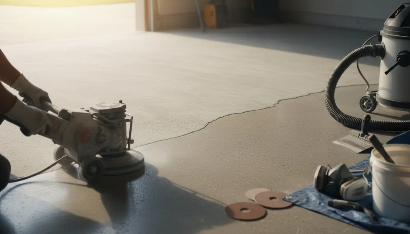 Nærbillede af en garage med en nyslebet, glat betongulv og en slibemaskine med industristøvsuger i baggrunden.