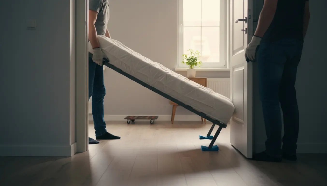 To personer flytter en enmandsseng gennem en døråbning med handsker på, ansigter ikke synlige.