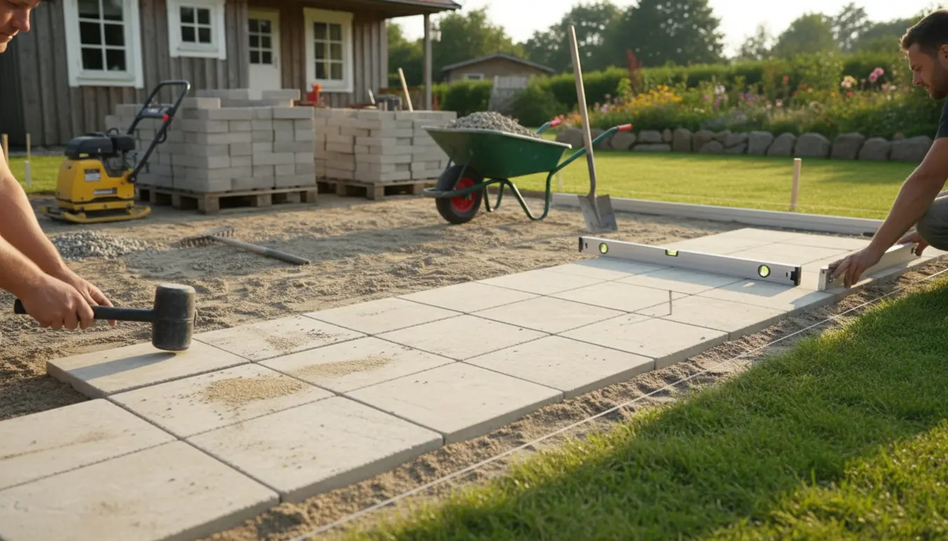 Sommerhushave hvor en 20 m² lys 30x30 fliseterrasse er ved at blive anlagt med fliser og værktøj.