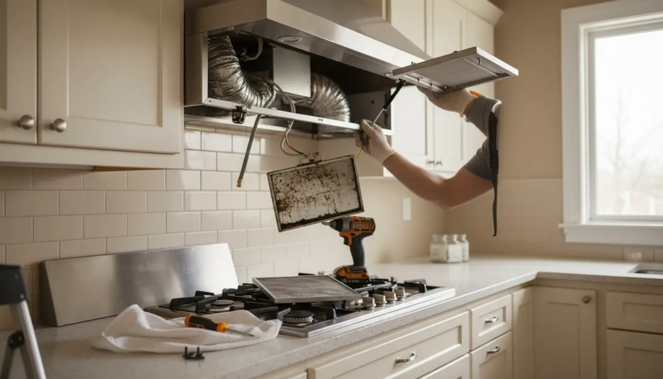 Tekniker kontrollerer og udskifter en emhætte over komfuret med værktøj og afmonteret fedtfilter.