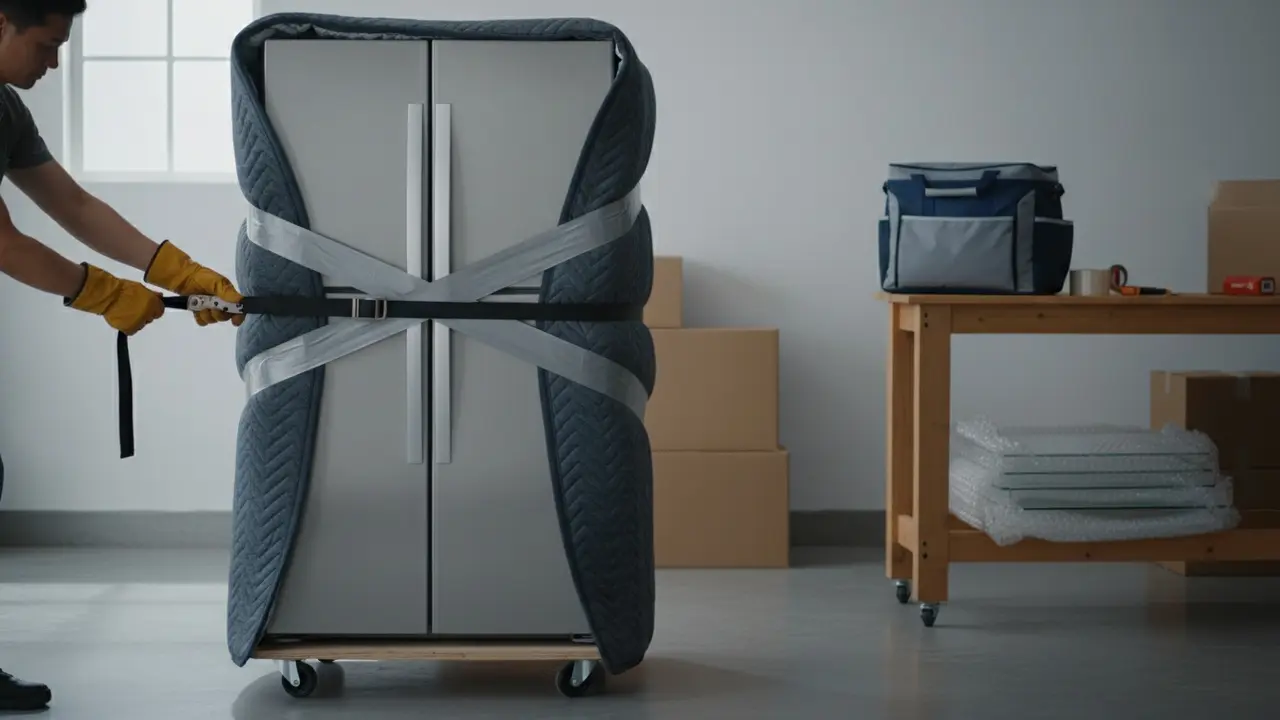 Køleskab pakket i flyttetæpper på møbelhund, hylder pakket i bobleplast