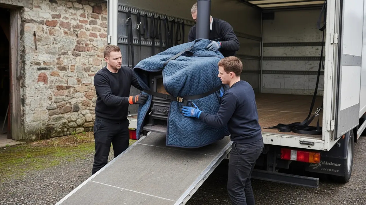 Tre personer løfter indpakket brændeovn med stropper, klar til transport