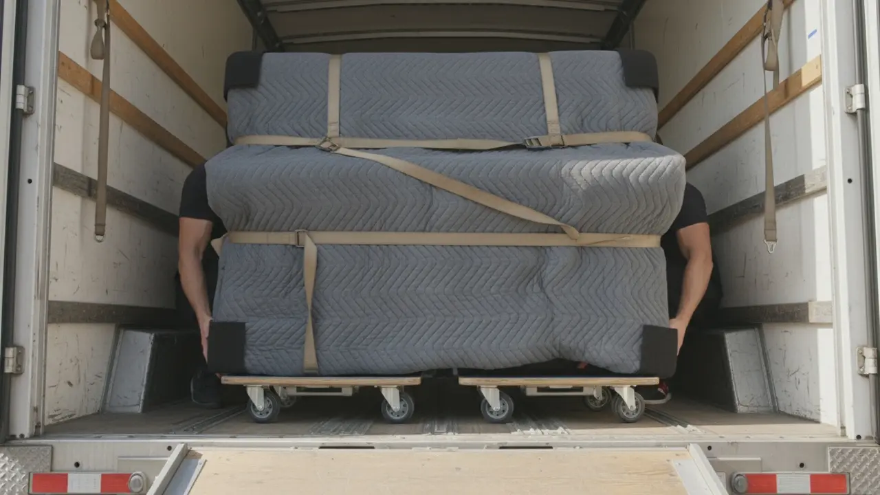 Klaver indpakket i tæpper og fastspændt med stropper, løftes af flere personer