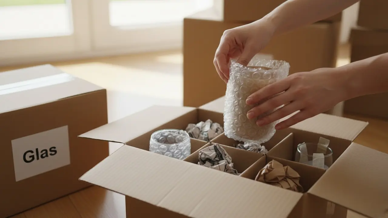 Hænder indpakker glas i papir og placerer dem oprejst i kasse med polstring