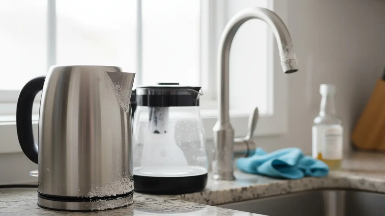 Køkkenbord med kedel, kaffemaskine og armatur med synlige hvide kalkaflejringer.