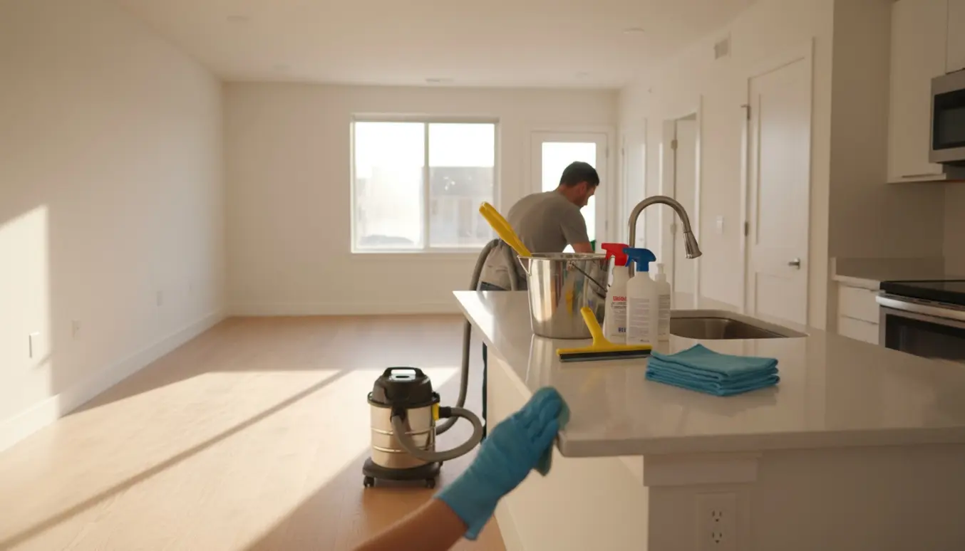 Udflytningsrengøring i en lys, tom lejlighed med rengøringsudstyr og handsker.