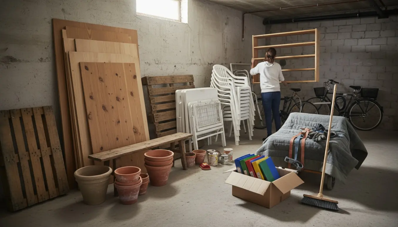 Kælderrum med møbler, cykler og kasser samlet til afhentning på genbrugsstationen.