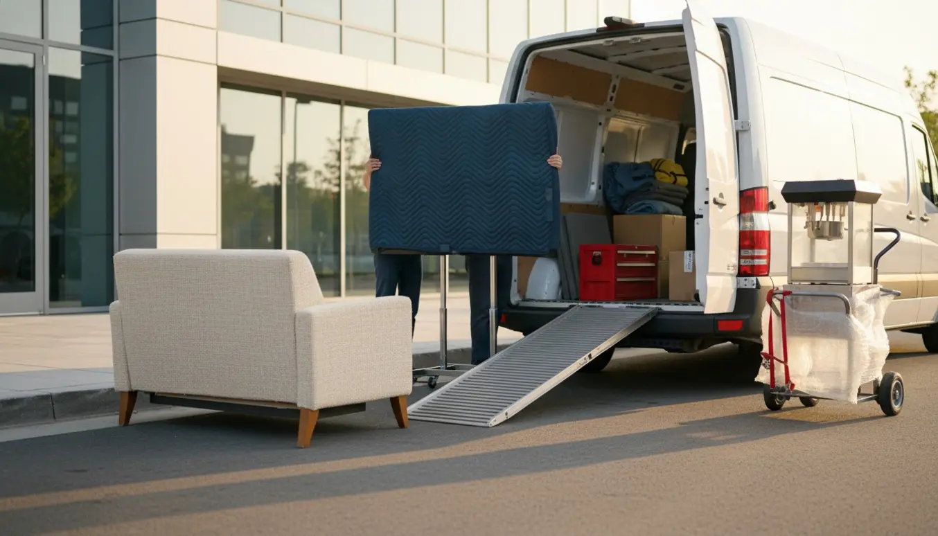 Lastning af en 85-tommer TV, en tosæders sofa og en popcornmaskine i en varevogn, uden synlige ansigter.