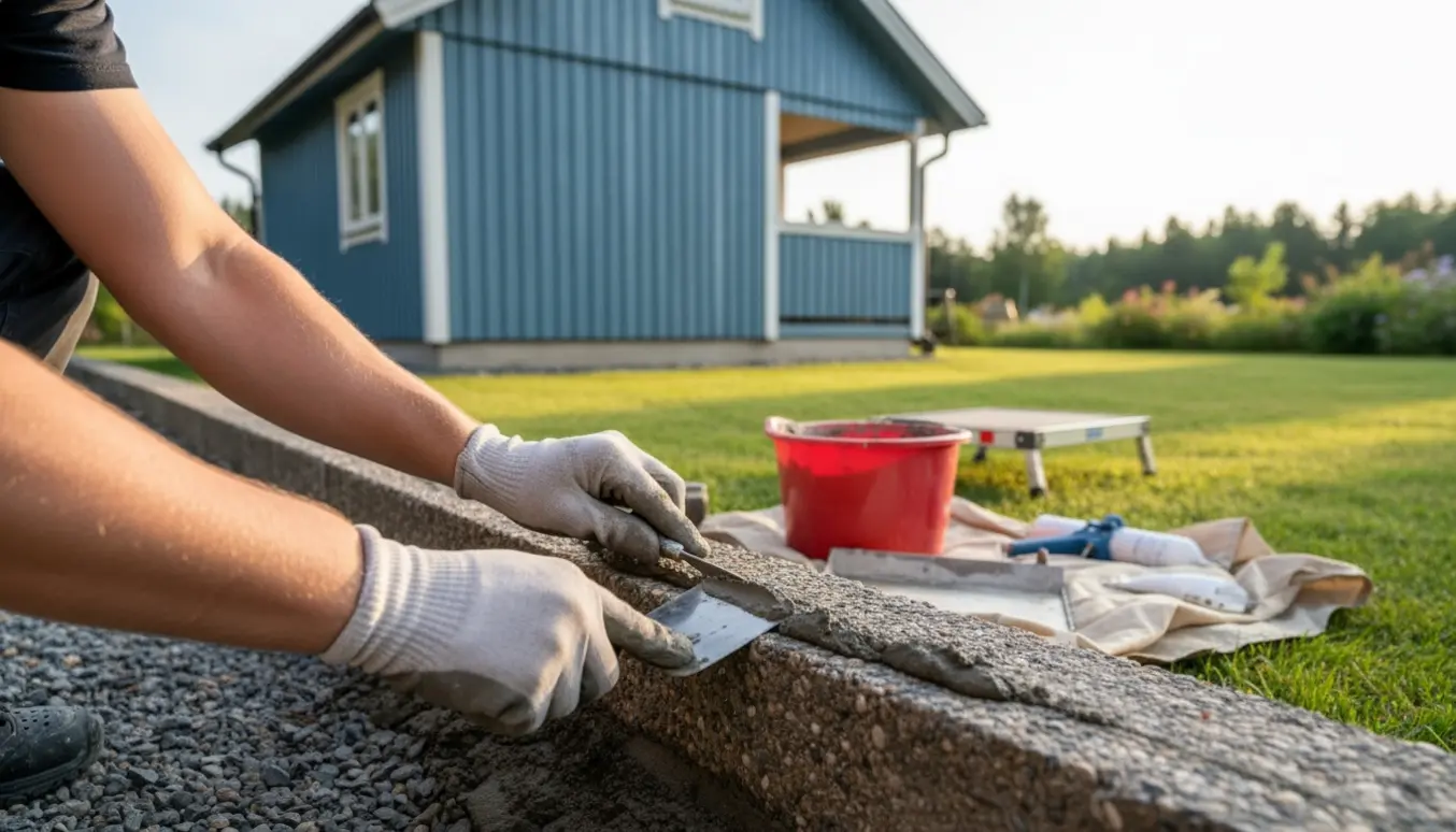 Hænder glatter frisk mørtel i fundamentet på et lille træsommerhus.
