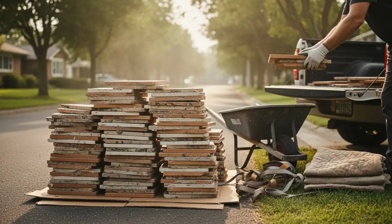 En bunke gamle fliser ved vejkanten, hvor handskerede hænder løfter en flise ind i en varebil.