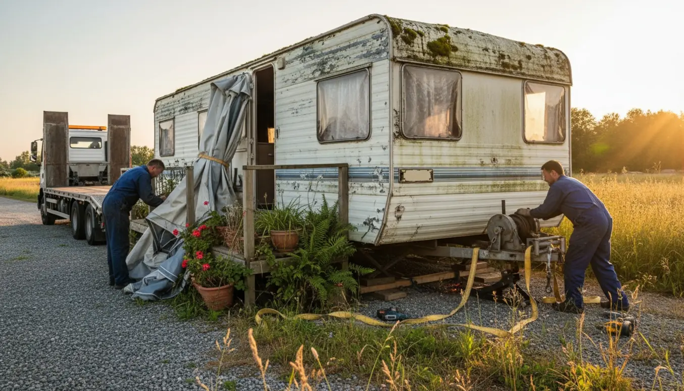 En vejrslidt campingvogn fra en fastliggerplads bliver sikret og løftet på en trailer klar til transport.