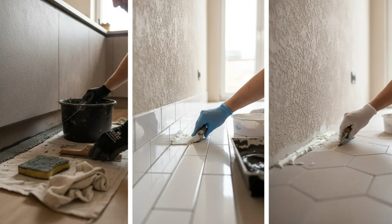 Nærbillede af hænder, der lægger antracit- og hvid fuge mellem fliser i køkken, gang og værelse.