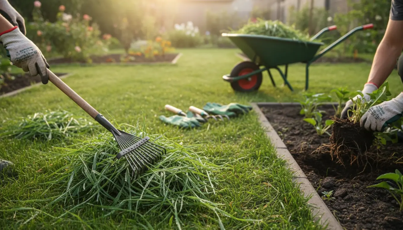 Hænder i handsker river våde græsafklip sammen og hiver ukrudt op i en fugtig baghave tidligt om morgenen.