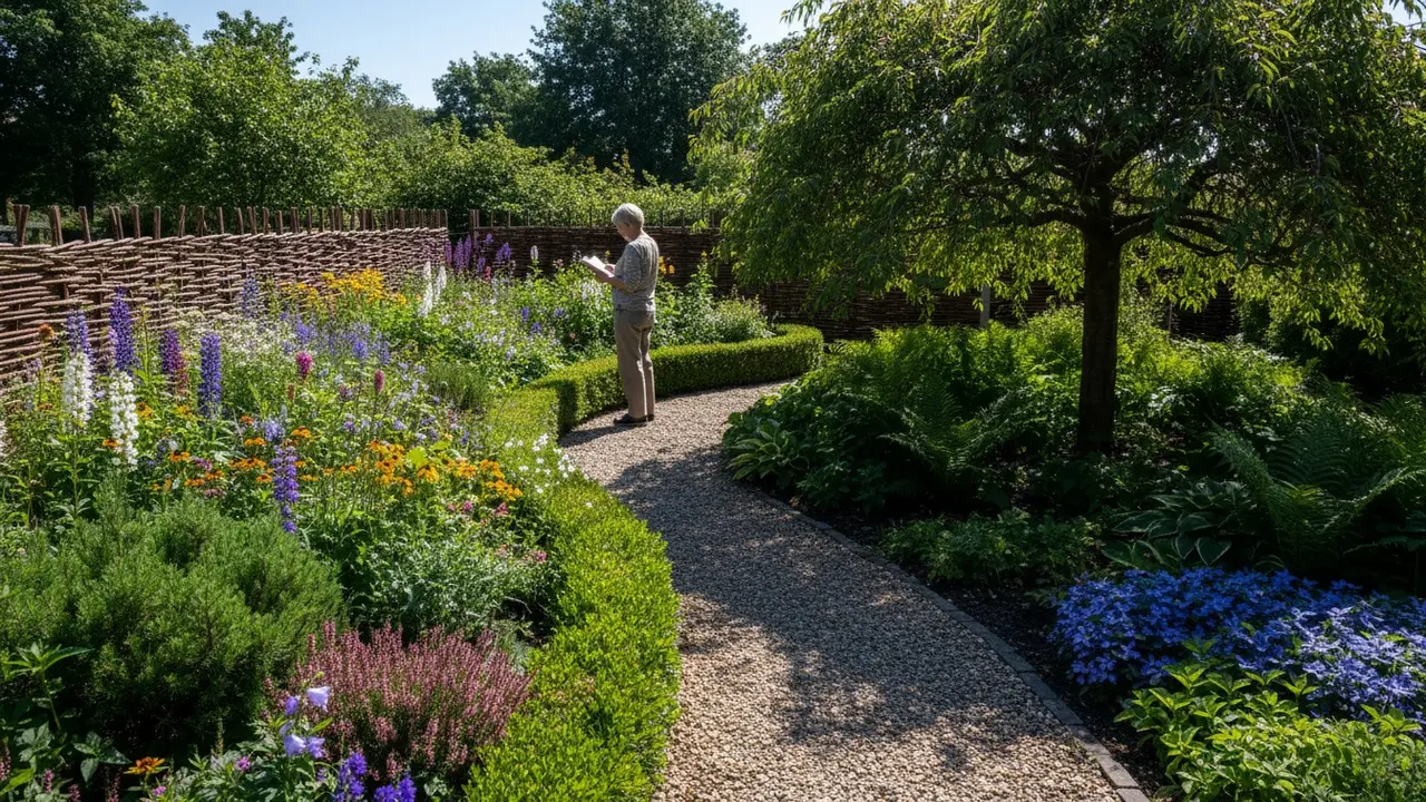 Oversigt over lille have med sol- og skyggezoner, træ, buske og blomsterbede