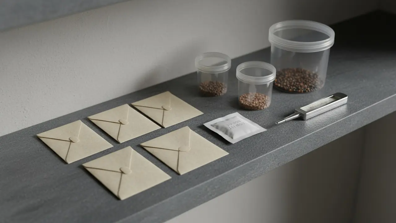 Frø i forseglede poser og lufttætte beholdere på en kølig, tør hylde