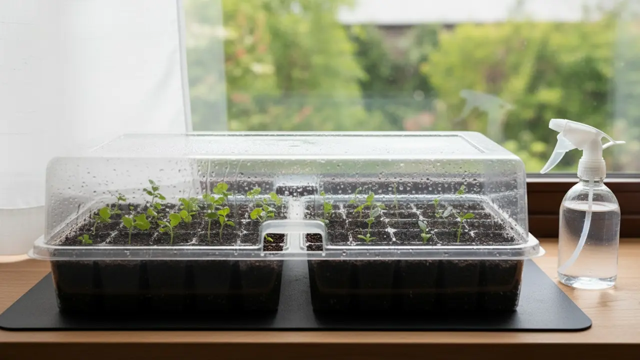 Forspiringsbakker med små spirer under plastdome på vindueskarm eller minidrivhus