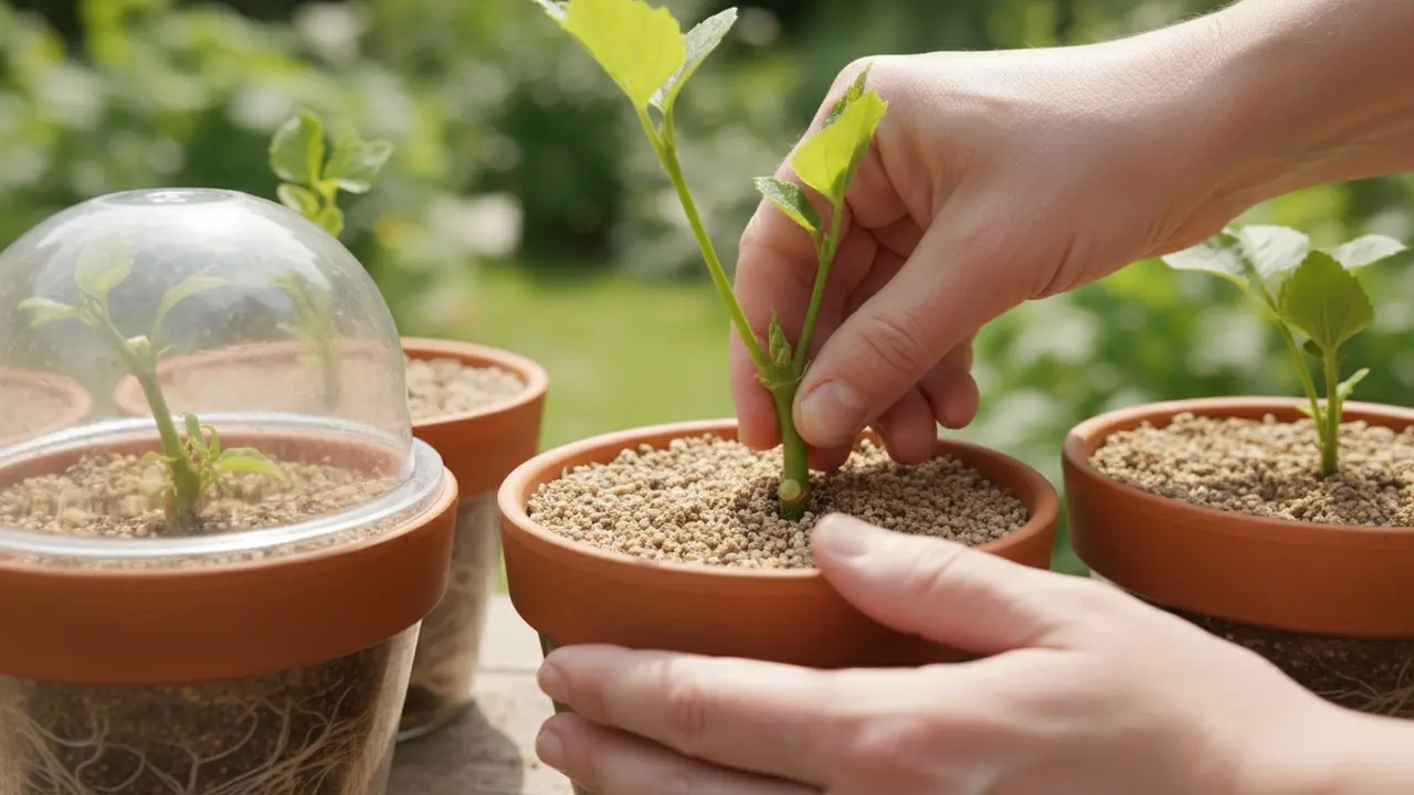 Hænder sætter en stikling i pottemuld, node begravet i jorden, mini-dække til hævelse