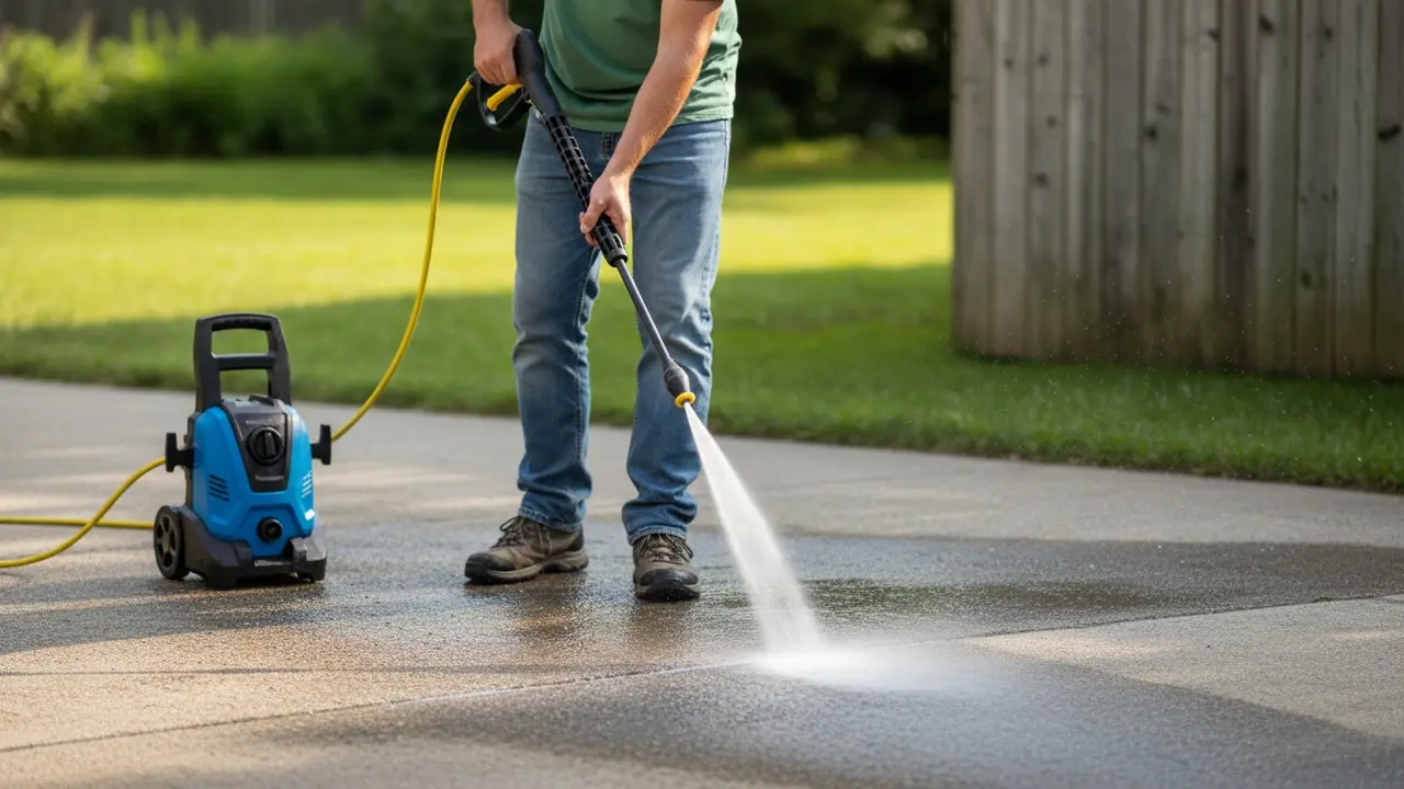 Person bruger højtryksrenser til at sprøjte snavs væk fra indkørsel