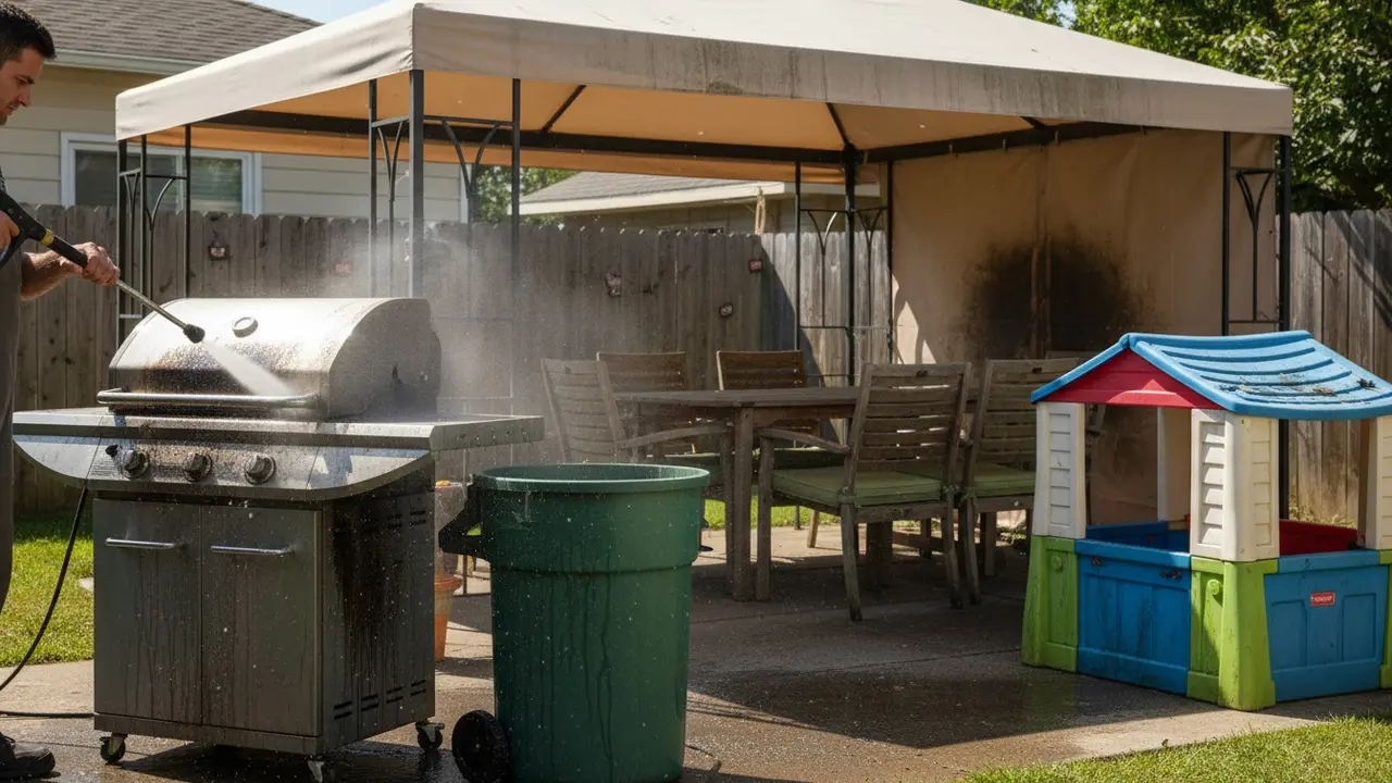 Højtryksrensning af grill, skraldespand og udendørs legetøj i en have