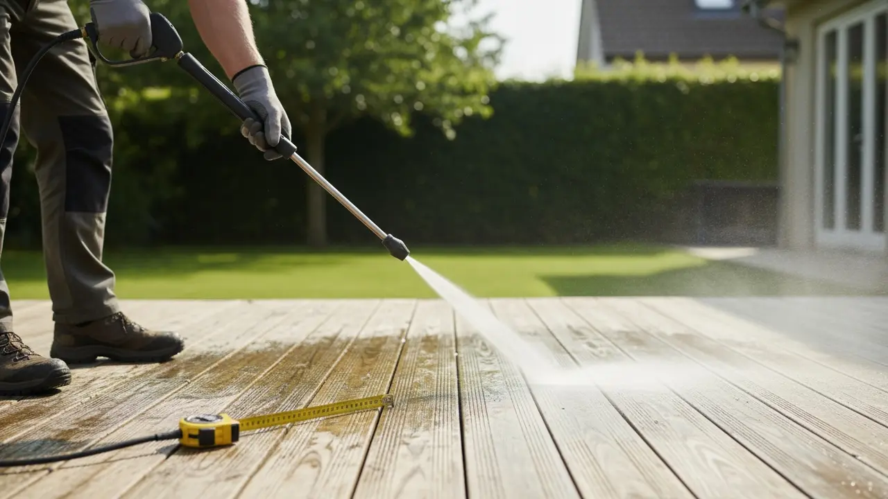 Hånd der holder højtrykslanse i cirka 45 graders vinkel mod træterrasse