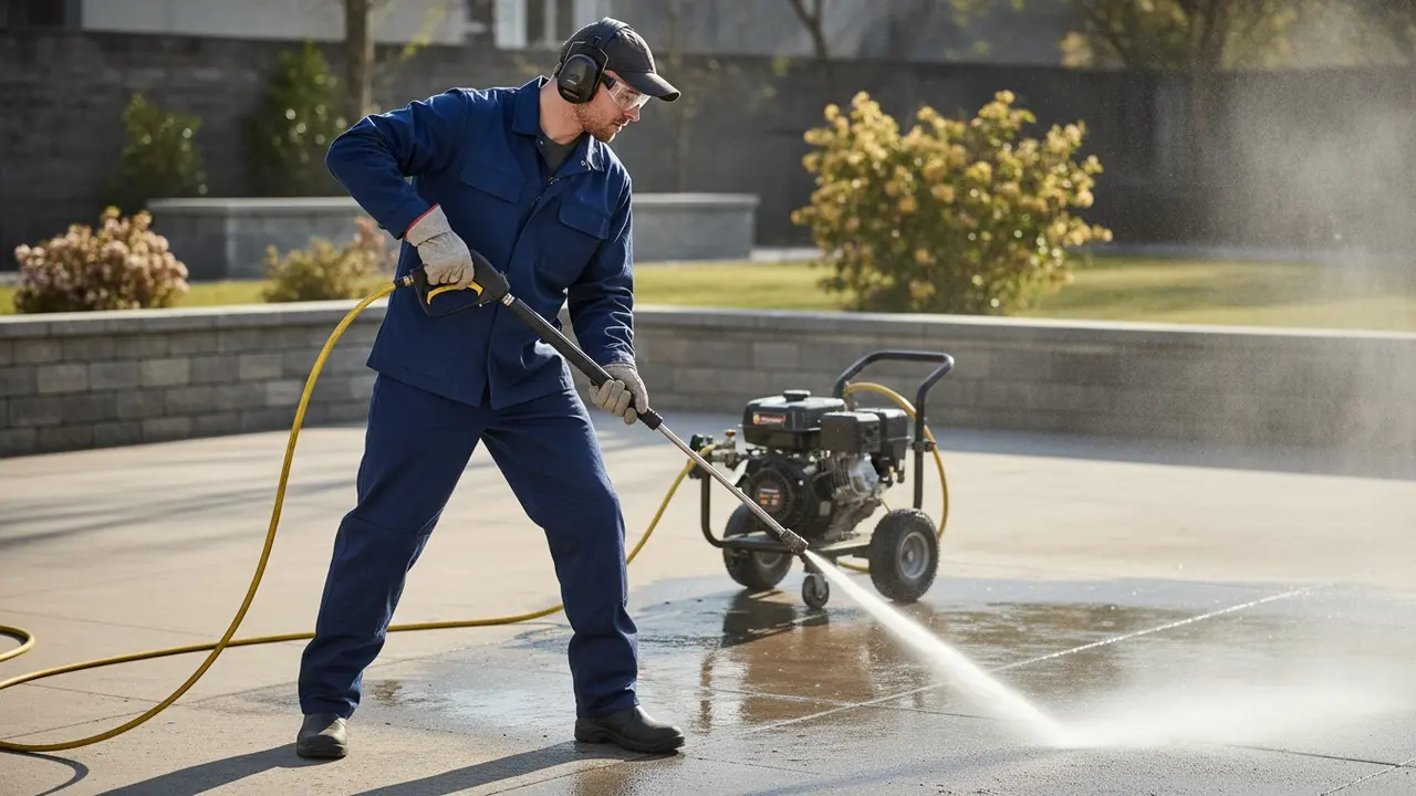 Person med høreværn, sikkerhedsbriller, handsker og skridsikre sko ved højtryksrenser