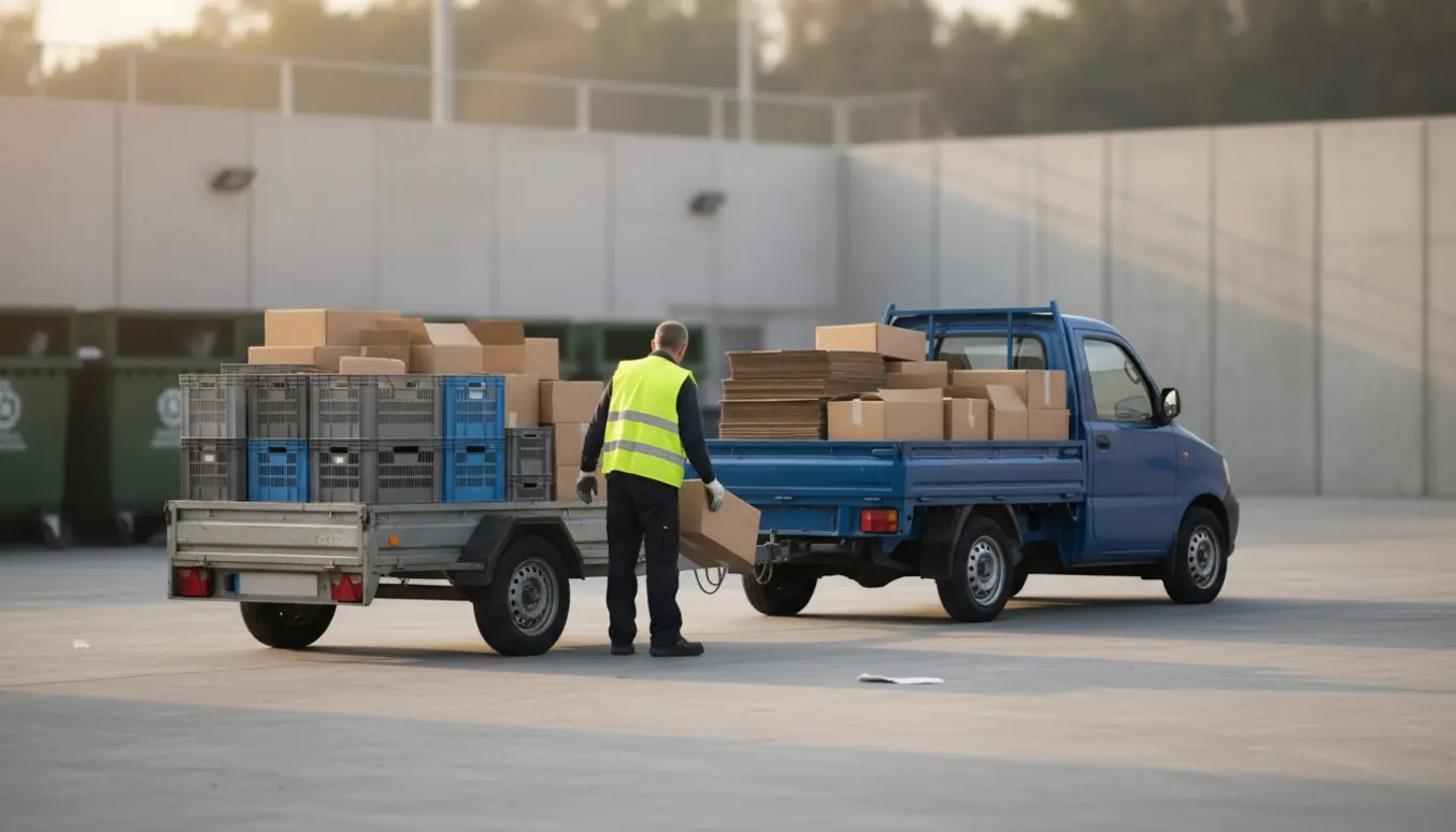 Person læsser et par tomme kasser og bokse af ved en genbrugsplads med meget lidt affald.