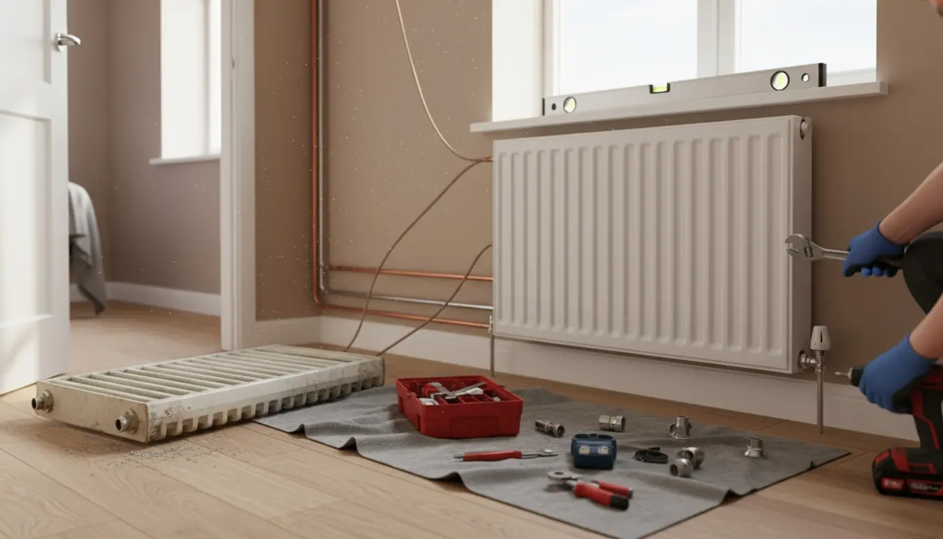 VVS-montør montér ny dobbelt radiator under vindue med værktøj og gammel radiator ved siden af.