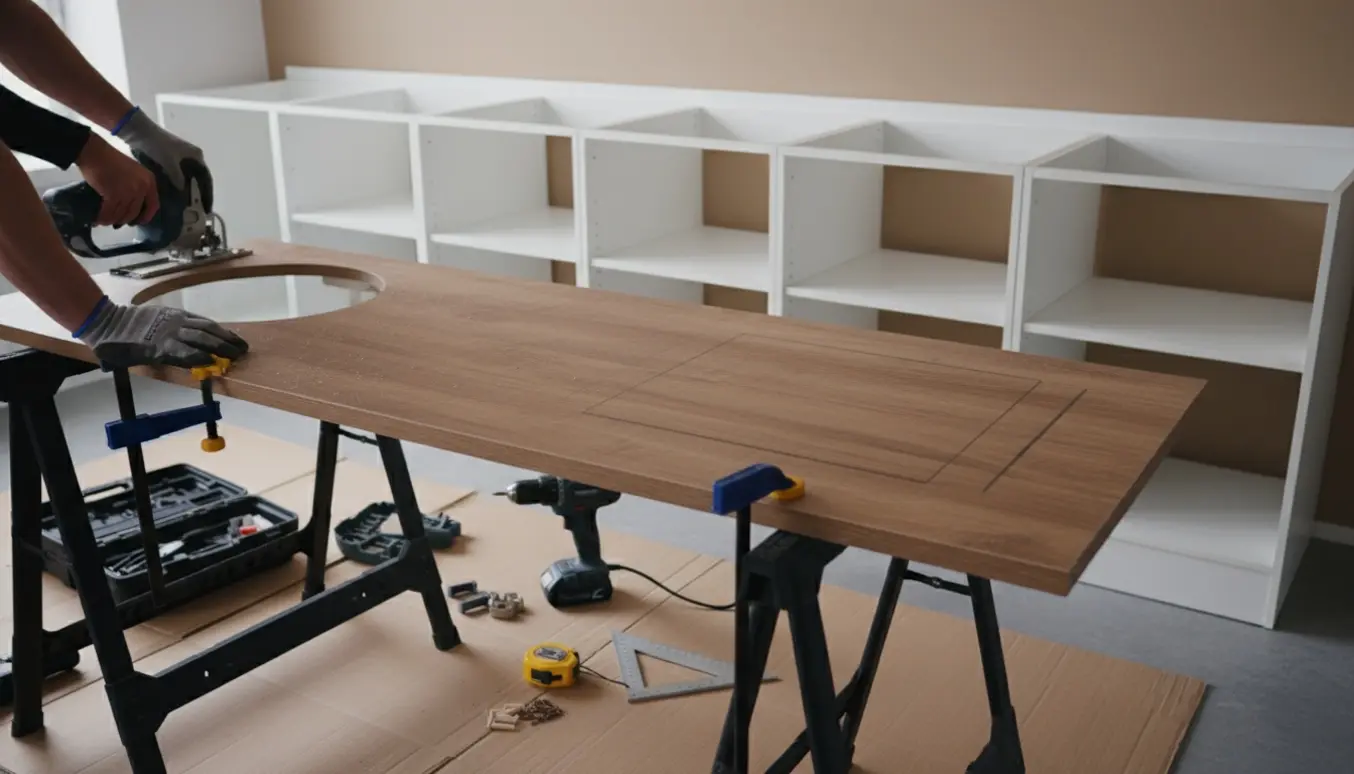 Nærbillede af samling af fem modulære køkkenmoduler, mens en bordplade bliver savet ud til vask og kogeplade.