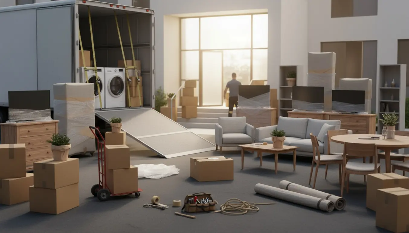 Åben flyttebil ved indgang med stabler af flyttekasser og indpakkede møbler klar til flytning.