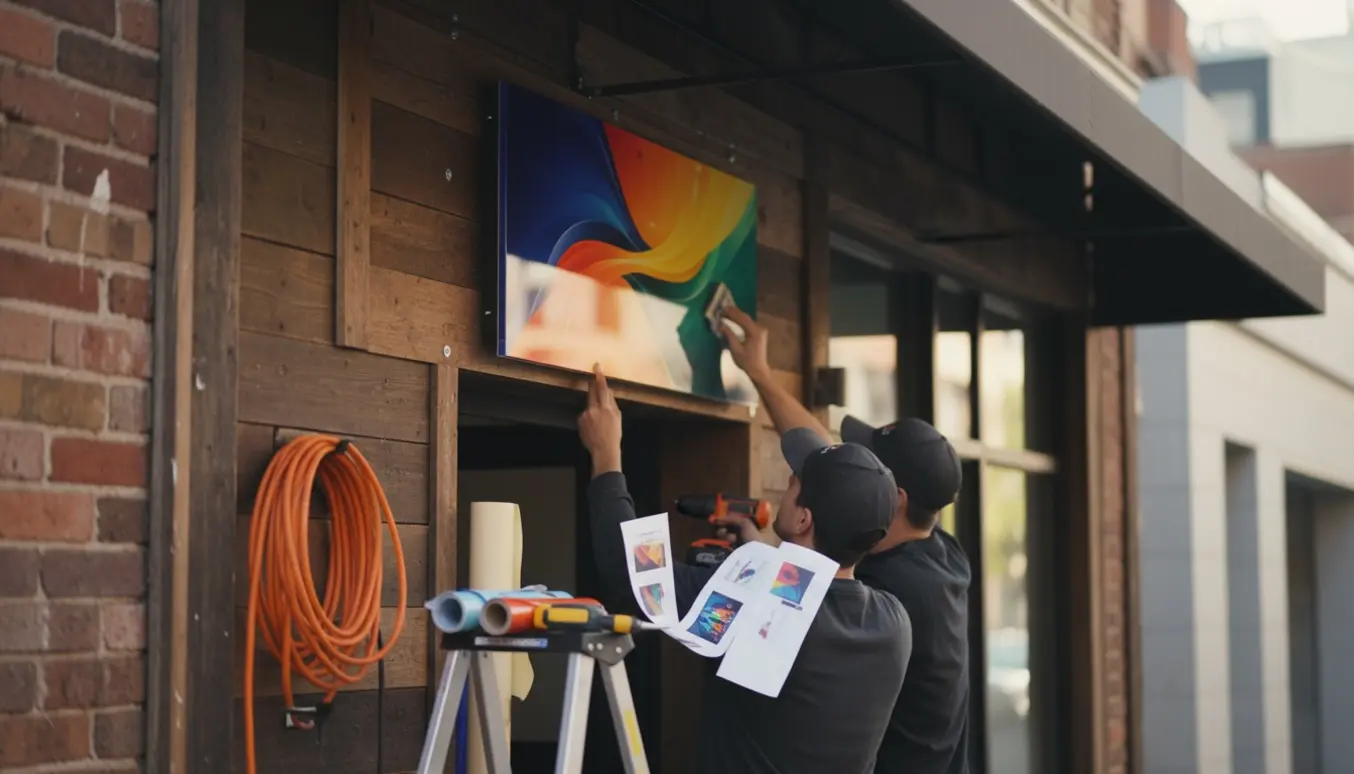 Installatører opdaterer et facadeskilt ved en restaurant med hænder og værktøj i fokus.
