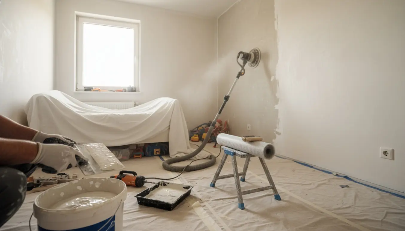 Vægge i et børneværelse pudses, slibes med girafsliber og får monteret glasvæv, gulvet er dækket af.