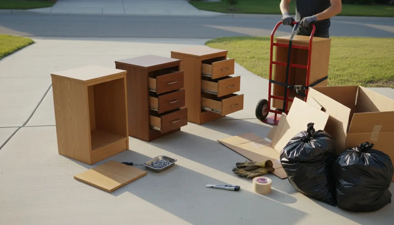 Tre små skabe og sammenfoldet pap klargjort til afhentning i indkørsel med værktøj og handsker ved siden af.