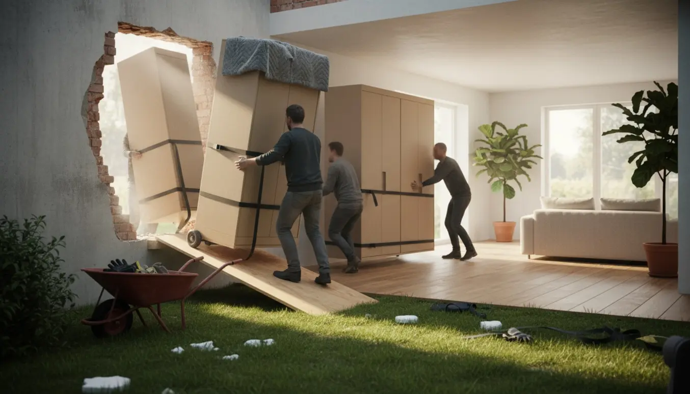 Seks fladrammede garderobeskabe pakket i karton flyttes gennem et nylavet hul i husmuren fra haven ind i stueetagen.