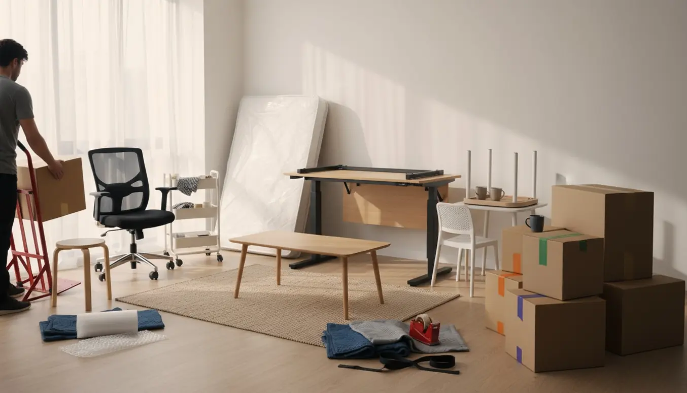Flytteindbo i en lys stue med møbler, pakkede kasser og flytteudstyr.