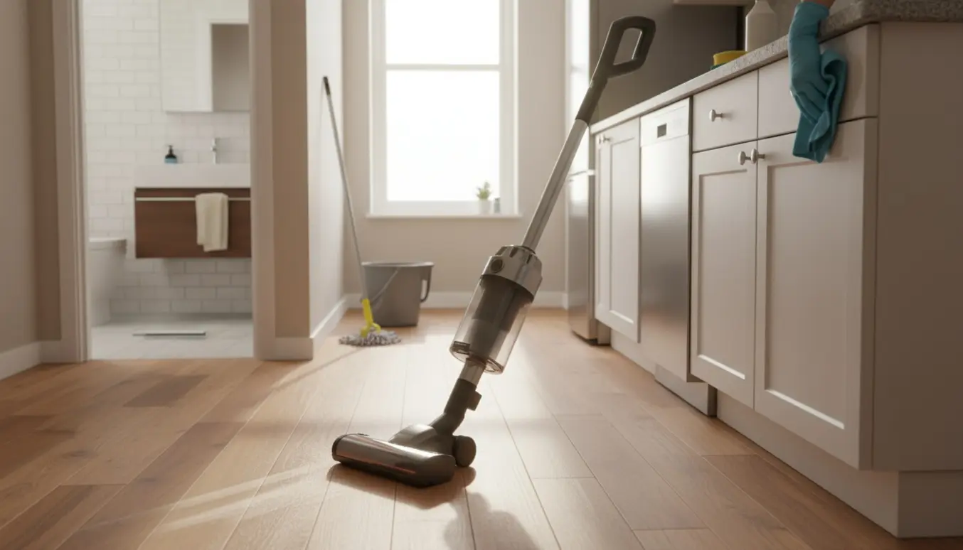 Lys lejlighed under rengøring med støvsuger på trægulv og hænder, der pudser køkkenskabe.
