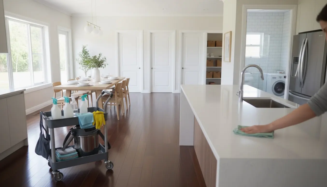 Åben, nyvasket bolig med køkken/alrum, rengøringsvogn og hænder, der tørrer en bordplade.
