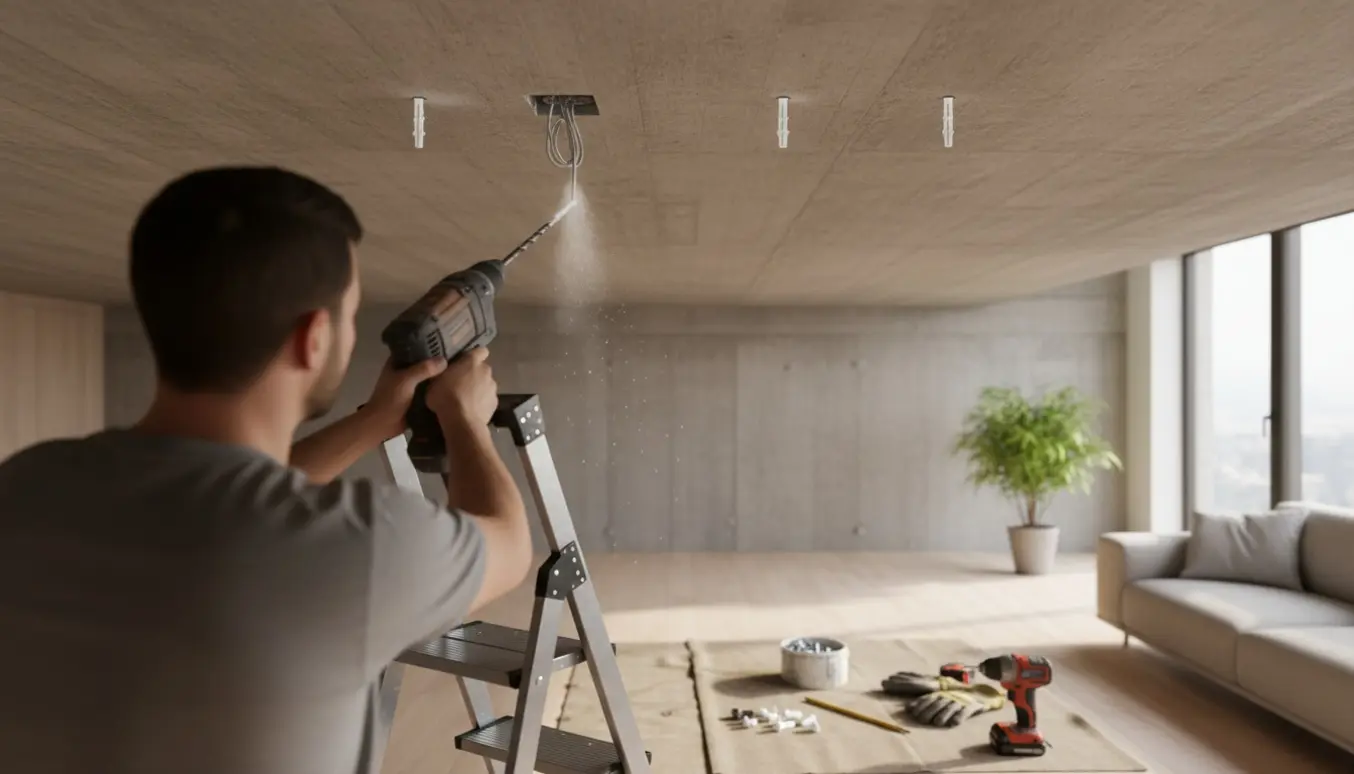 Person på stige borer i betonloft for at montere fire lampeophæng med værktøj og støv i dagslys.