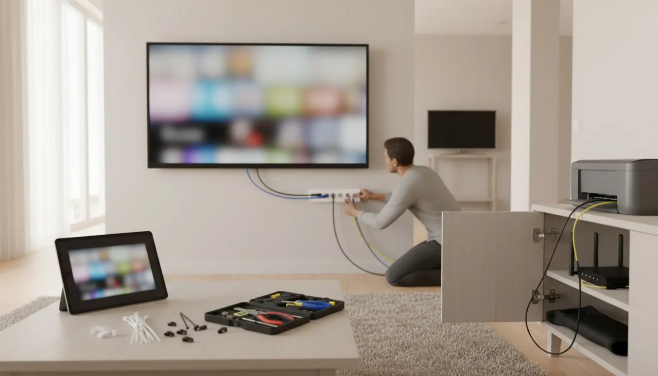 Hænder skjuler to kabler bag et vægmonteret TV, iPad viser streaming, og en printer står med en løs kabel.
