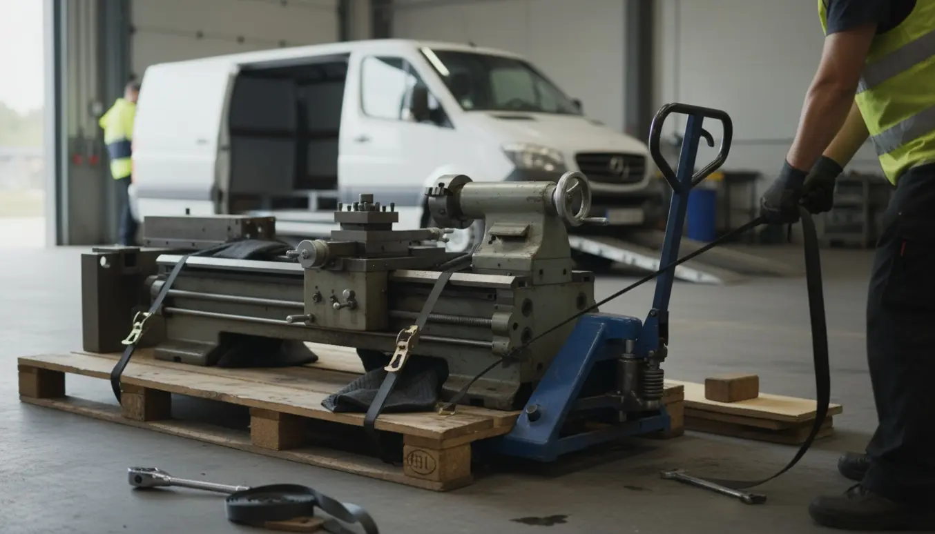 Adskilt drejebænk på en palle i et afhentningsområde, klar til flytning med palleløfter og stropper.