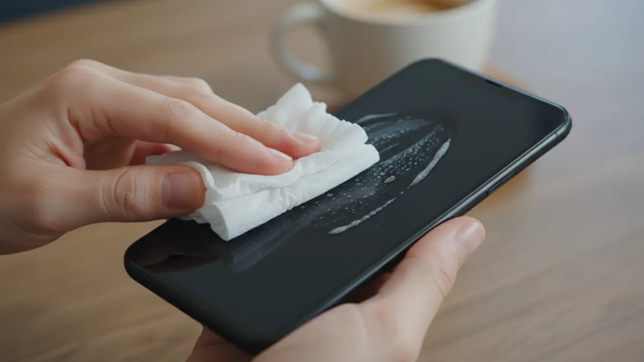 Nærbillede af hånd der tørrer en smartphone med en desinficeringsserviet