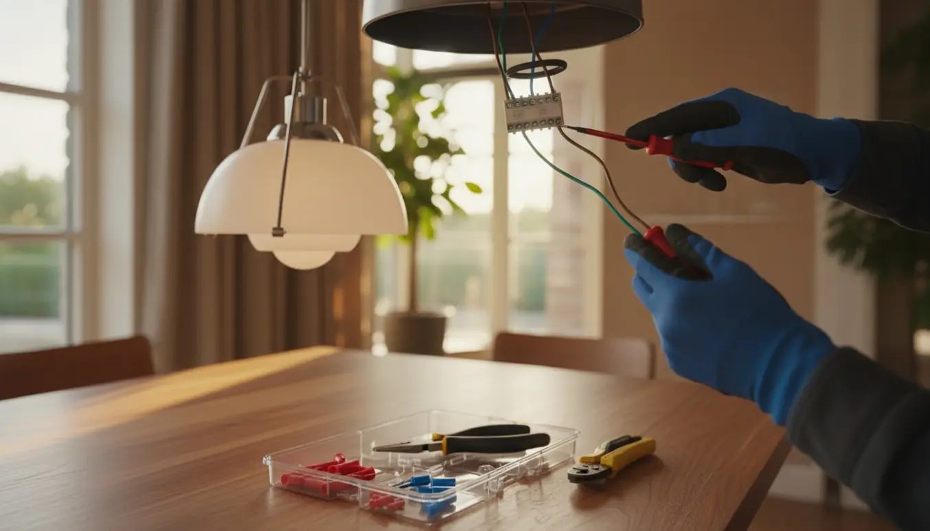 Elektriker monterer en ZigBee-dæmper i loftets ledninger over et spisebord.